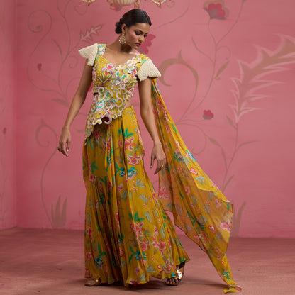 Bloom Story – Mustard Garden Handcrafted Draped Lehenga Set