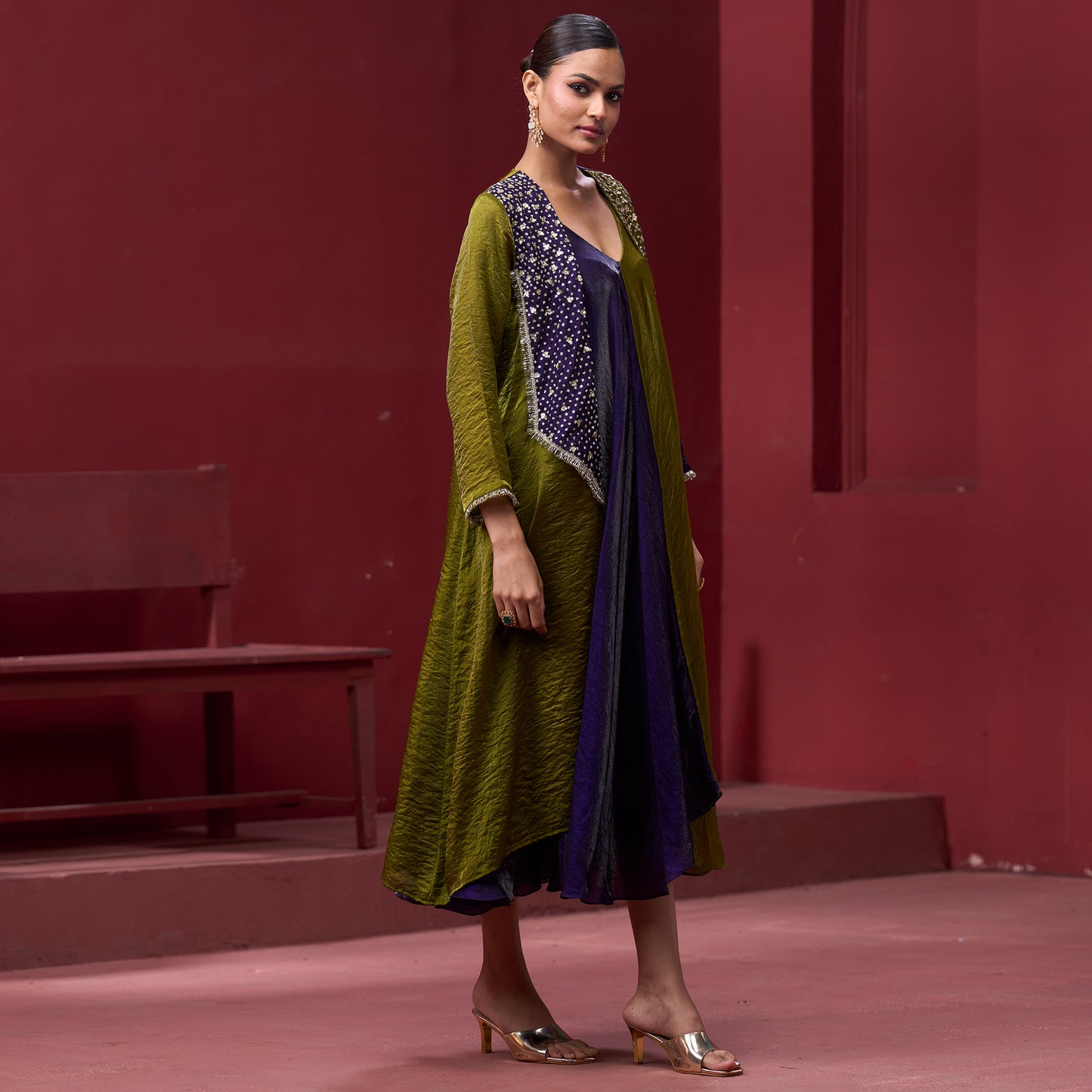 Flare Purple & Green dress with embellished jacket