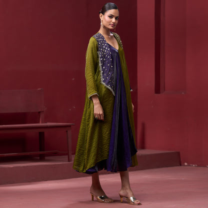 Flare Purple & Green dress with embellished jacket