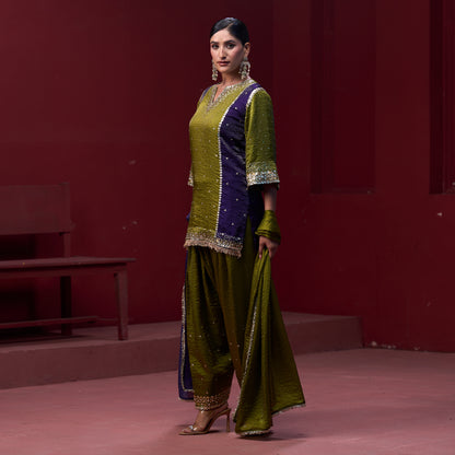 Farshi Purple & Green pant with Embellished kurta and Dupatta
