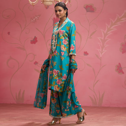 Bloom Story – Teal Blossom Hand-Embroidered Fusion Kurta Set