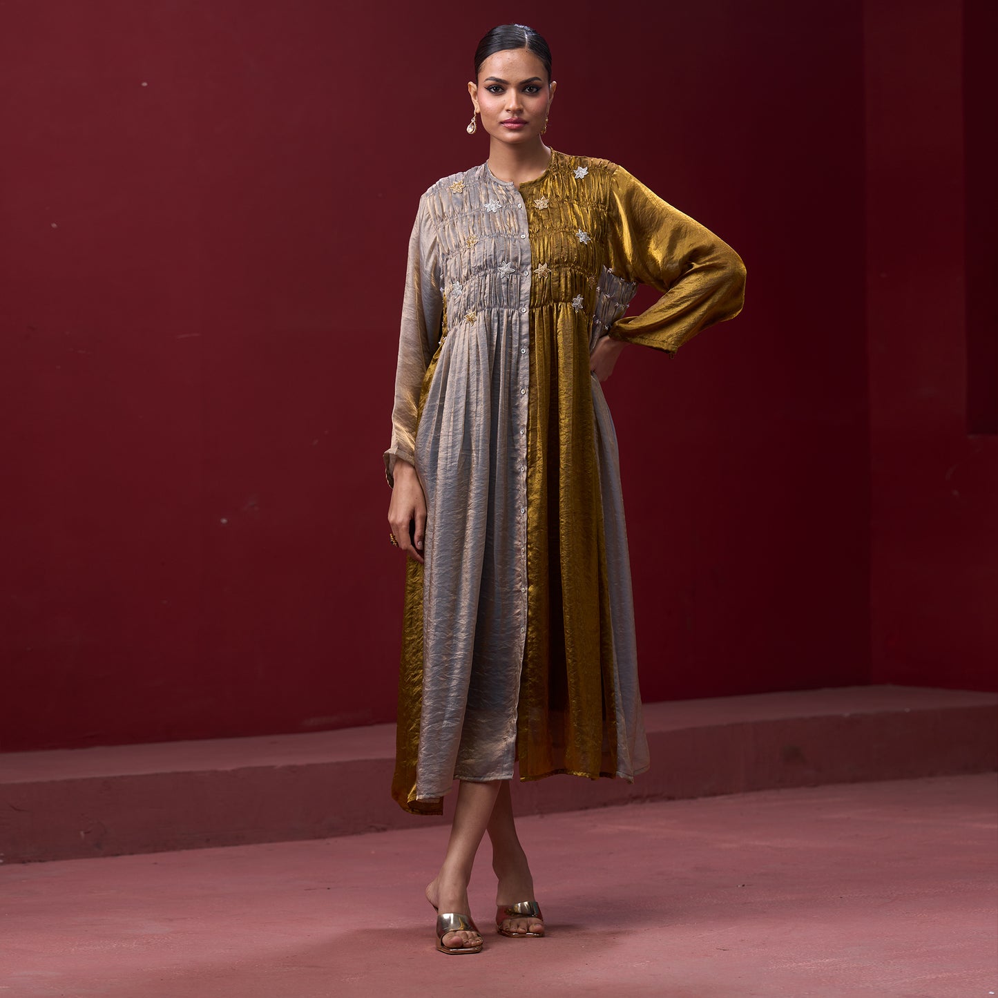 Flare embellished Golden & Silver kurta Dress
