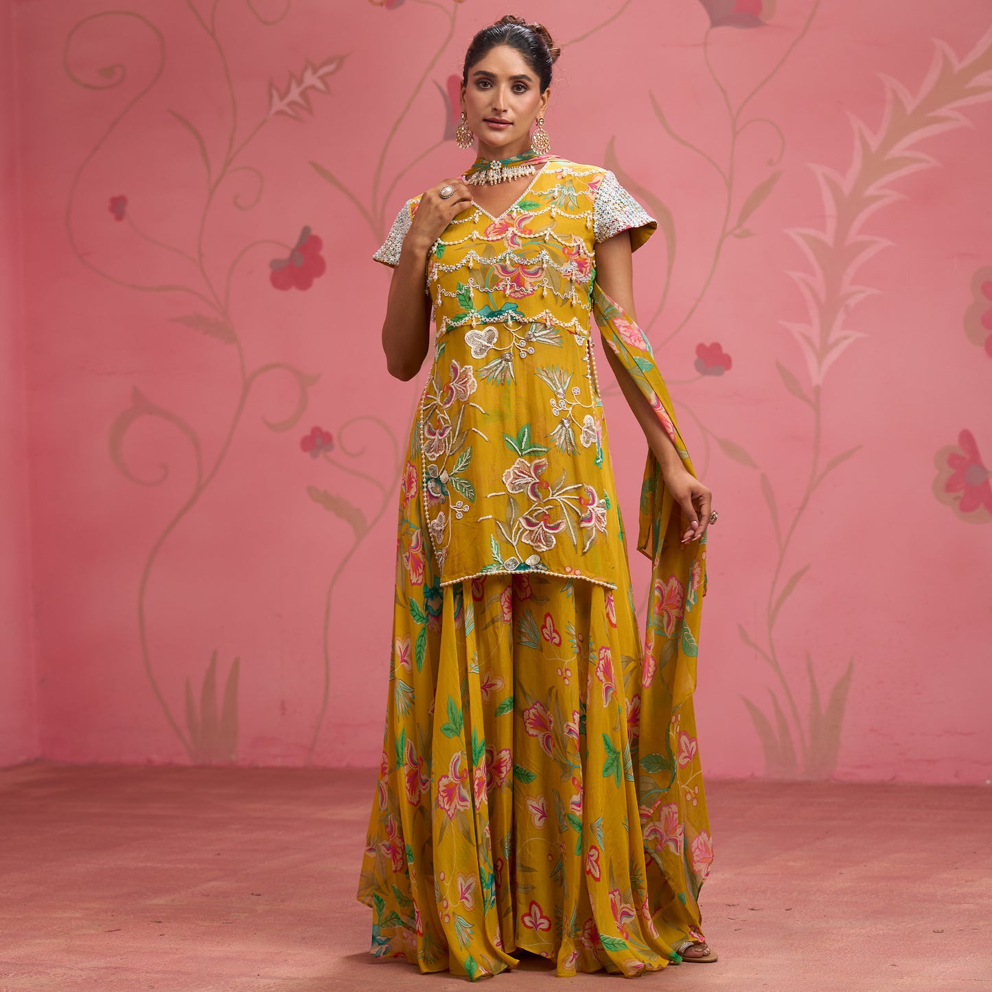 Bloom Story – Mustard Hand-Embroidered Layered Floral Dress