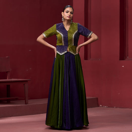 Embellished Purple & Green Top with Flare Skirt