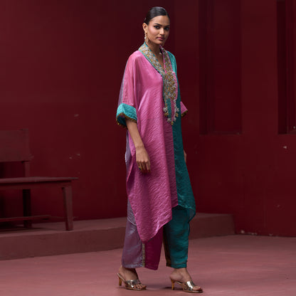 Embellished Pink & Turquoise Neck Kaftan Set