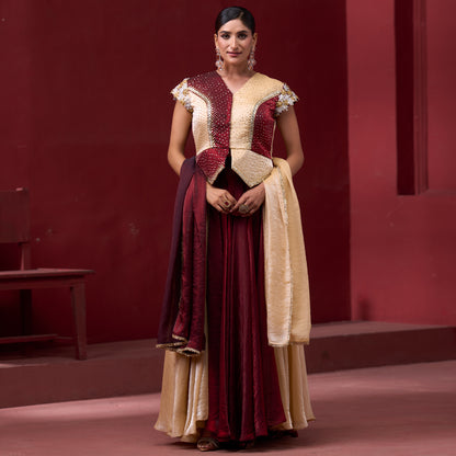 Drape Red & Cream Skirt with Embellished Top and Dupatta