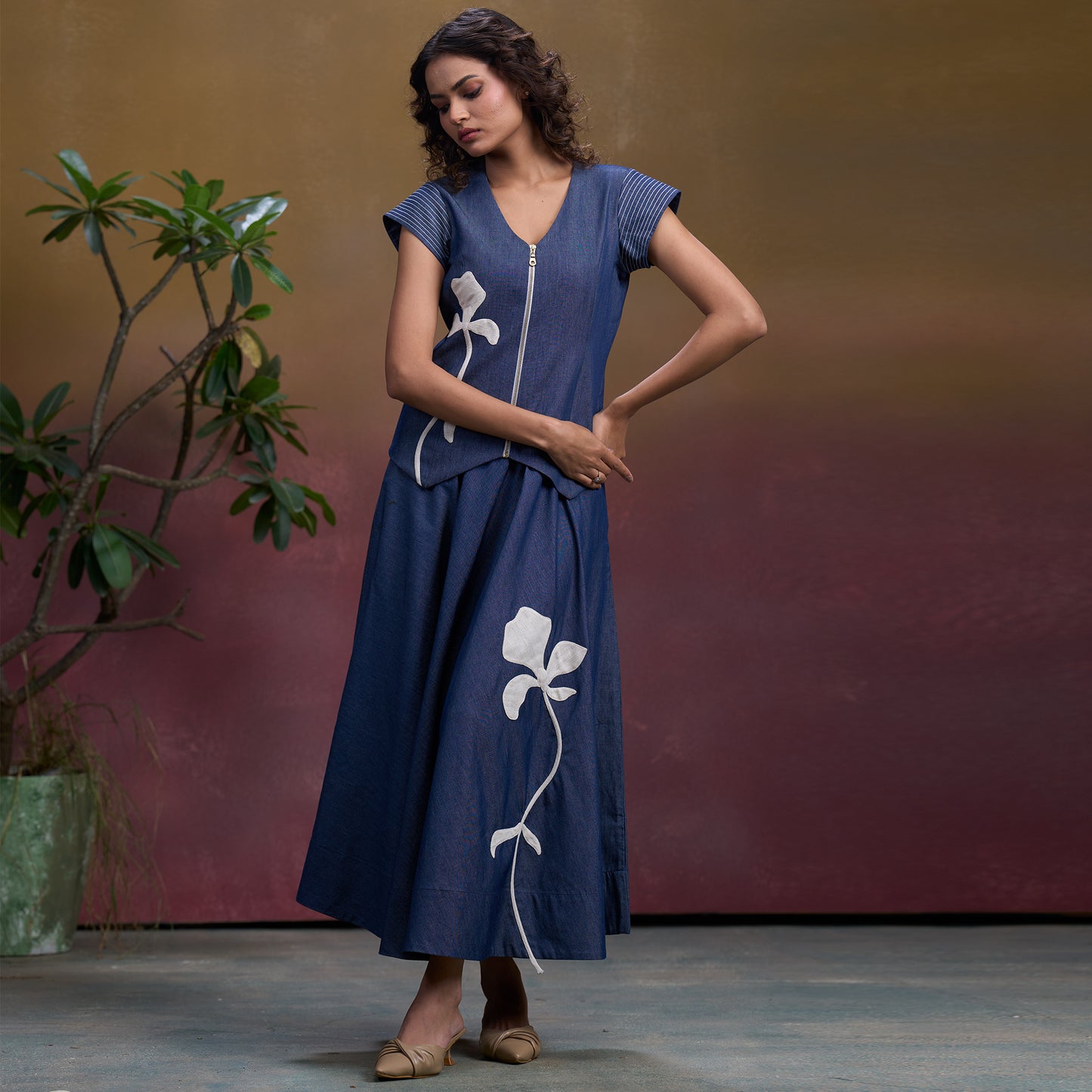 Indigo Petal Denim Waistcoat Top & Flare Skirt Set