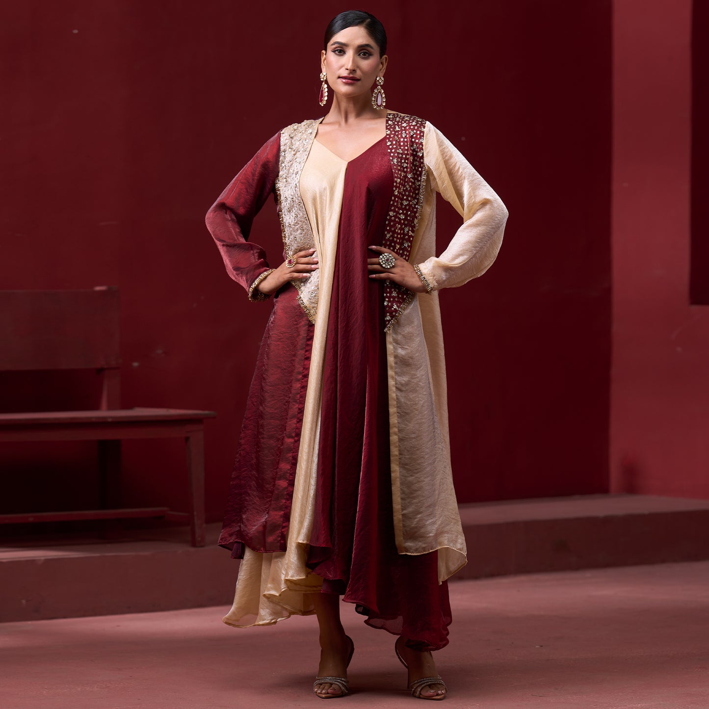 Flare Red & Cream dress with embellished jacket