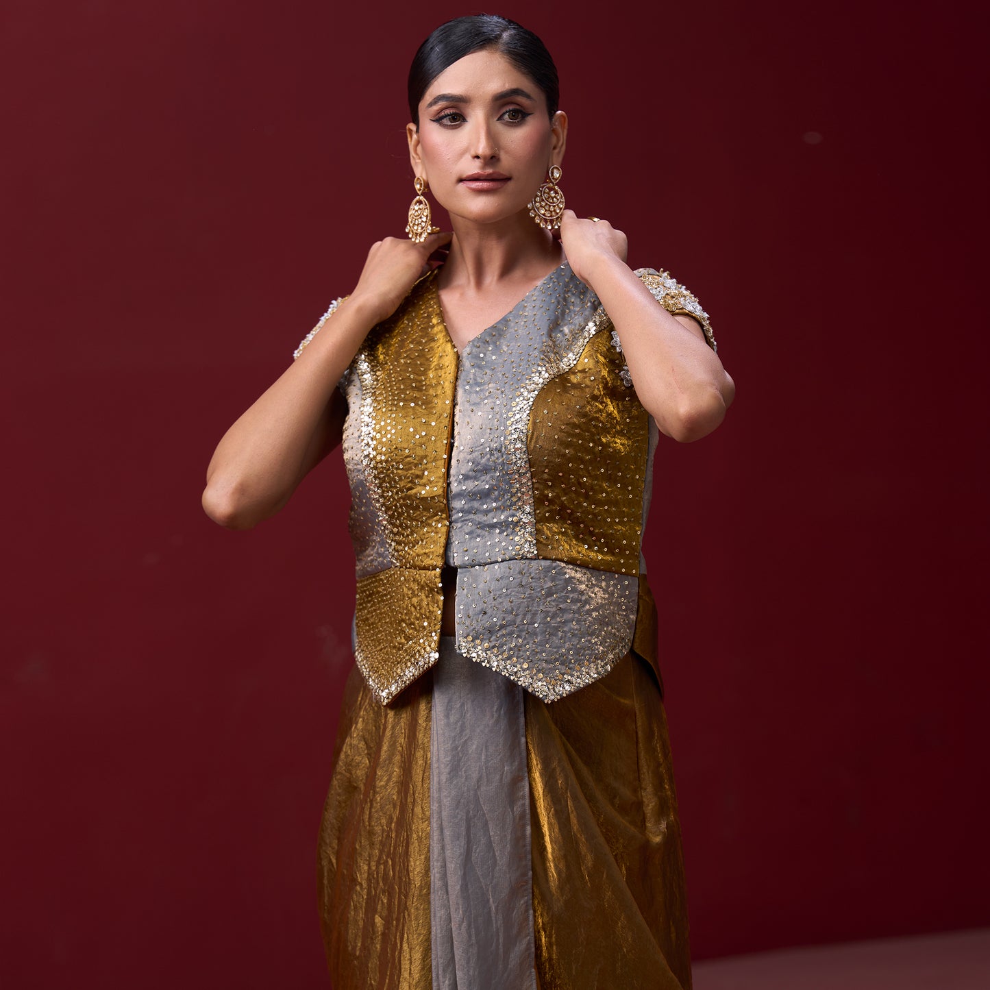 Embellished Golden & Silver Top with Flare Skirt