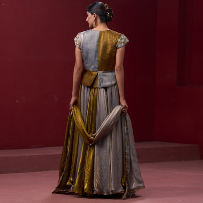 Drape Golden & Silver Skirt with Embellished Top and Dupatta