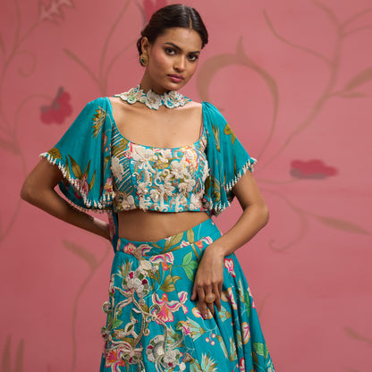Bloom Story – Teal Blossom Hand-Embroidered Lehenga Set
