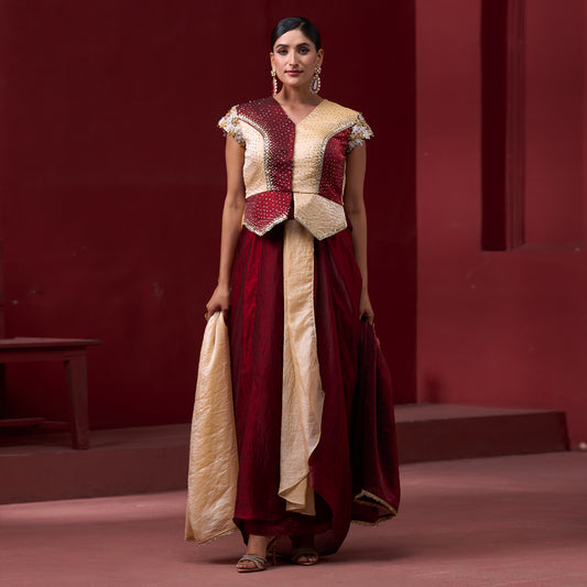 Embellished Red & Cream Top with Flare Skirt