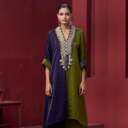 Embellished Purple & Green Neck Kaftan Set