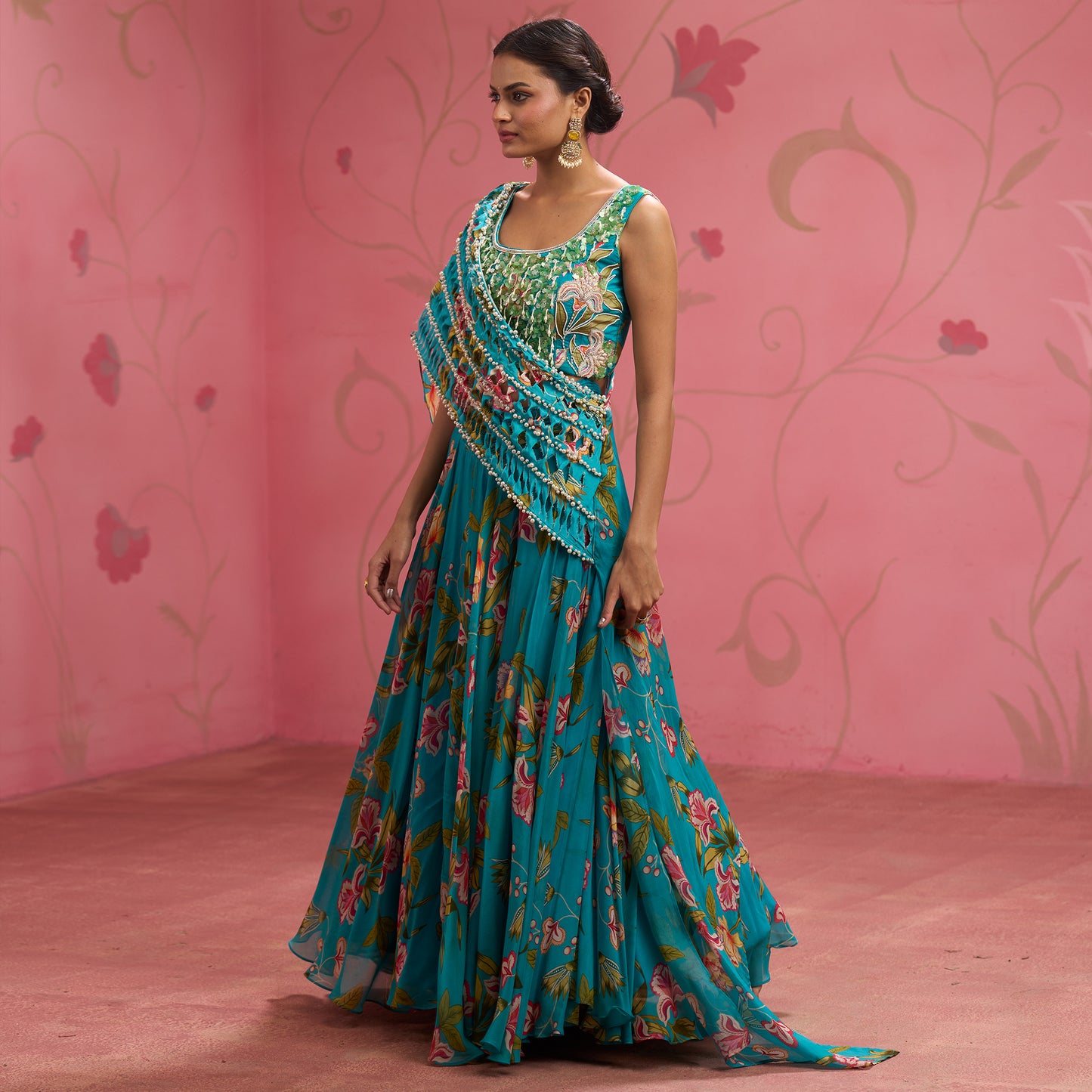 Bloom Story – Teal Floral Handcrafted Draped Lehenga Set