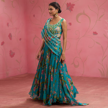 Bloom Story – Teal Floral Handcrafted Draped Lehenga Set