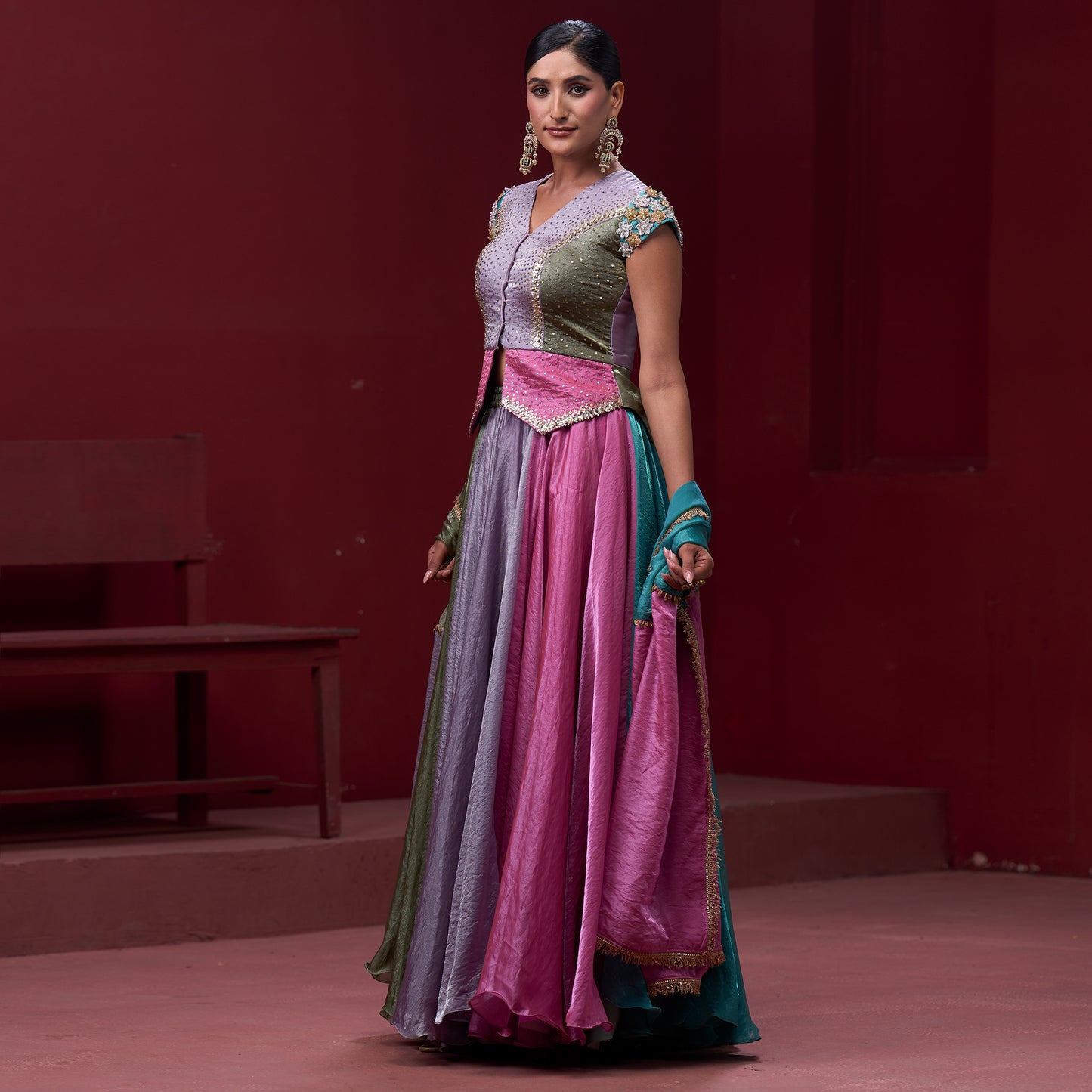 Drape Pink & Turquoise Skirt with Embellished Top and Dupatta