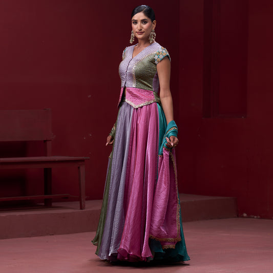 Drape Pink & Turquoise Skirt with Embellished Top and Dupatta