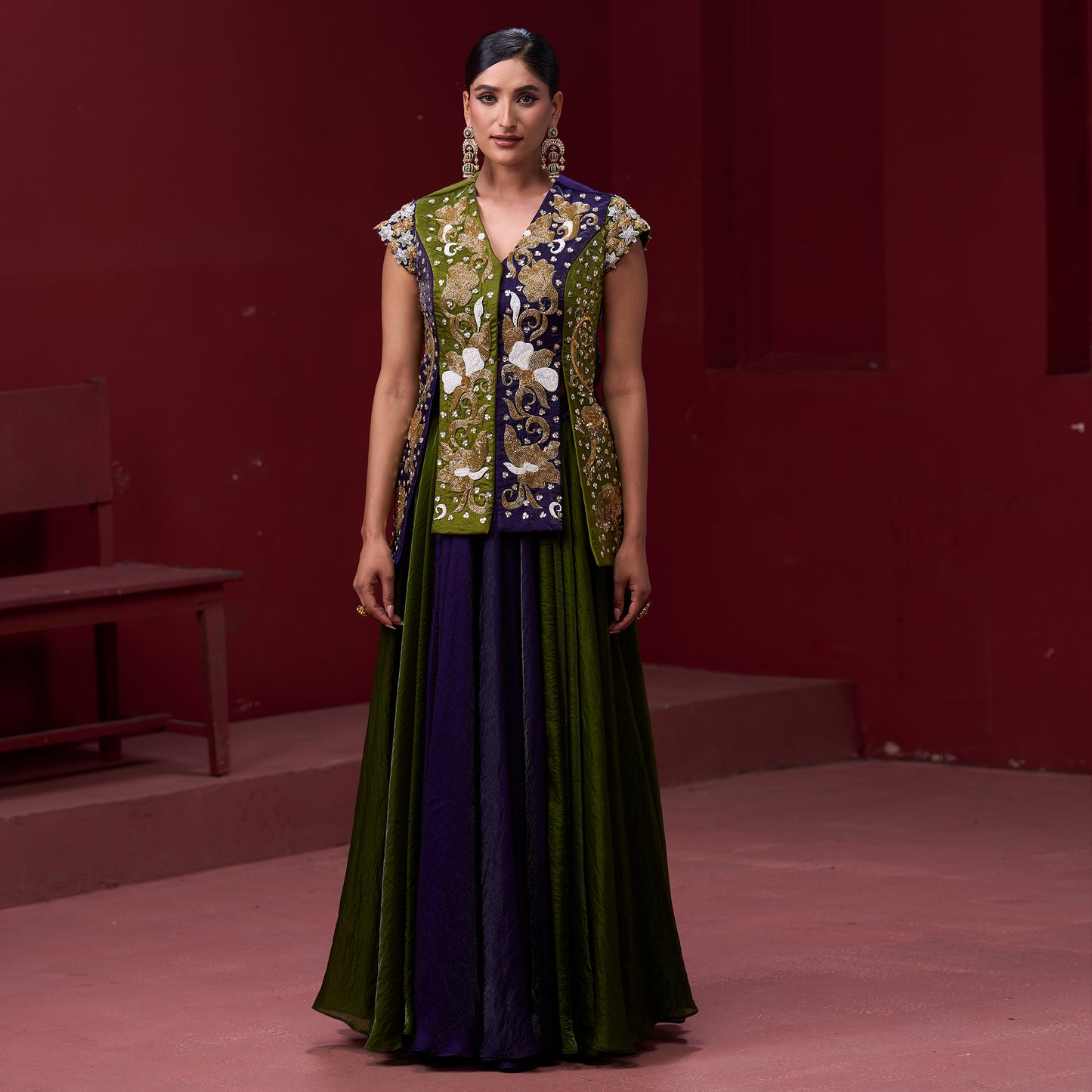 Flare Purple & Green Skirt with Embellished Top