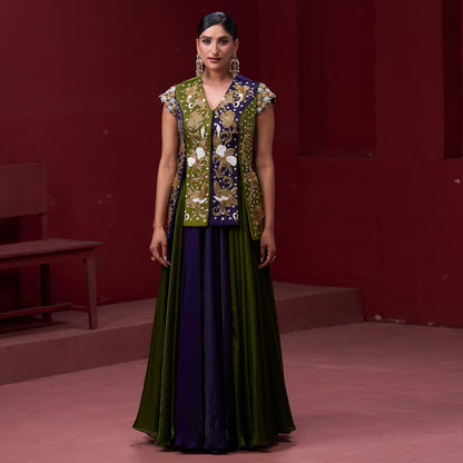 Flare Purple & Green Skirt with Embellished Top