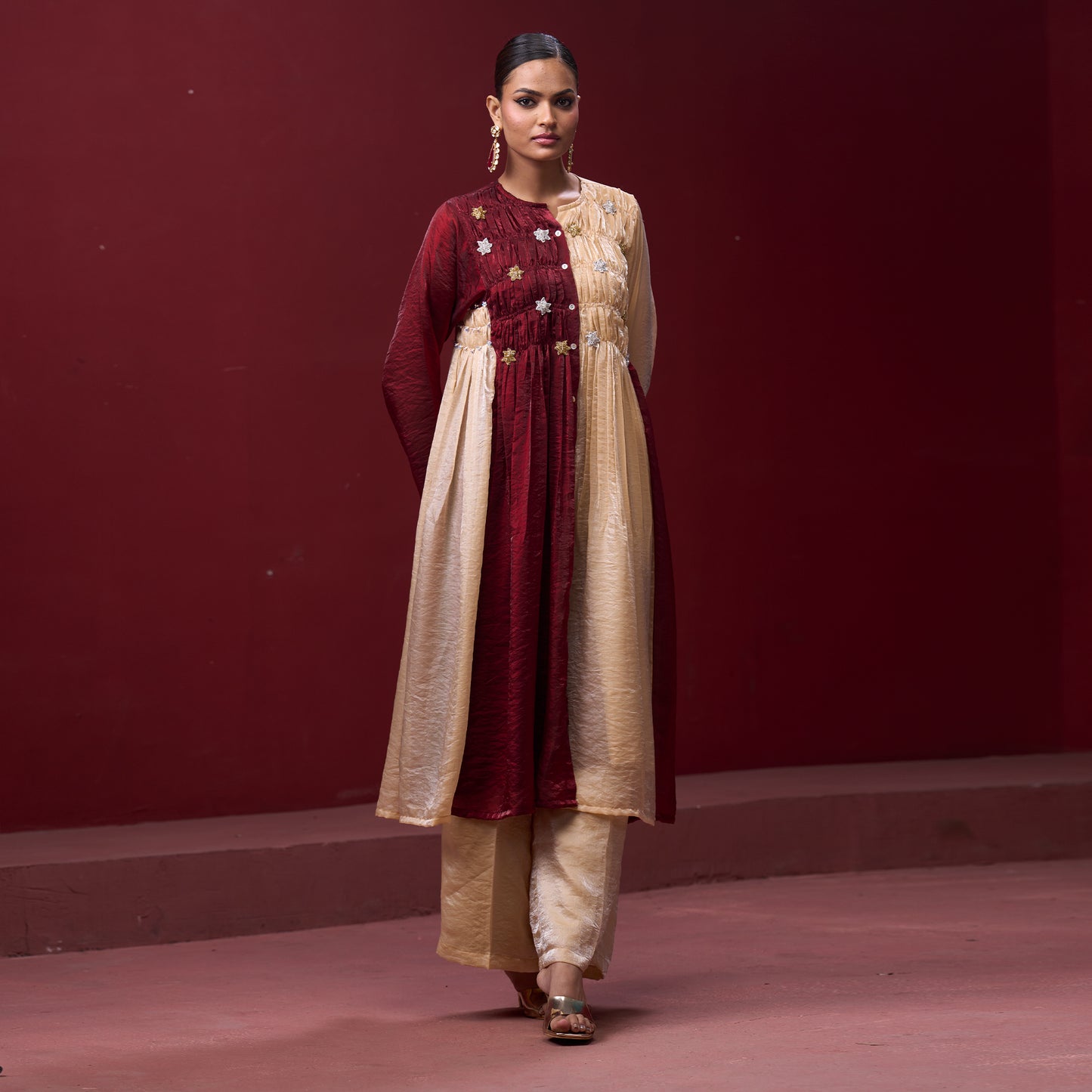 Flare Embellished Red & Cream Kurta Dress with Pant