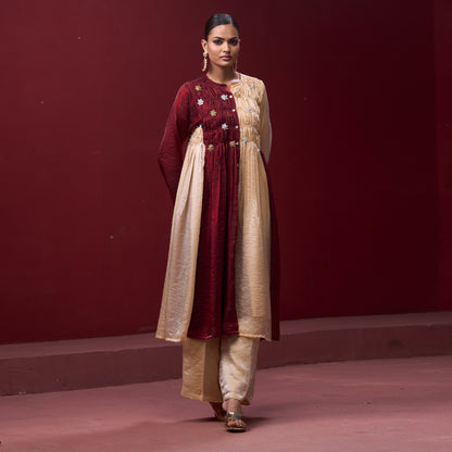 Flare Embellished Red & Cream Kurta Dress with Pant