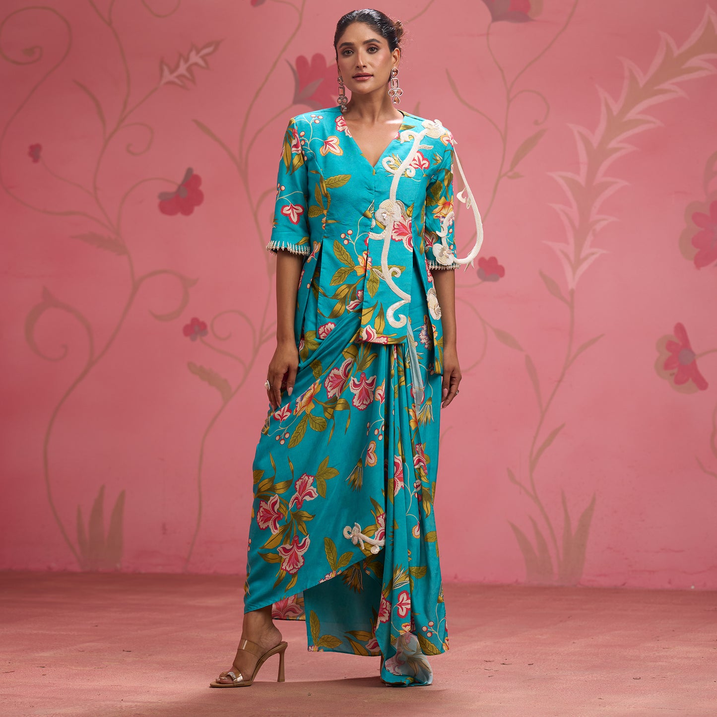 Bloom Story – Teal Hand-Embroidered Draped Fusion Set