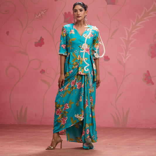 Bloom Story – Teal Hand-Embroidered Draped Fusion Set