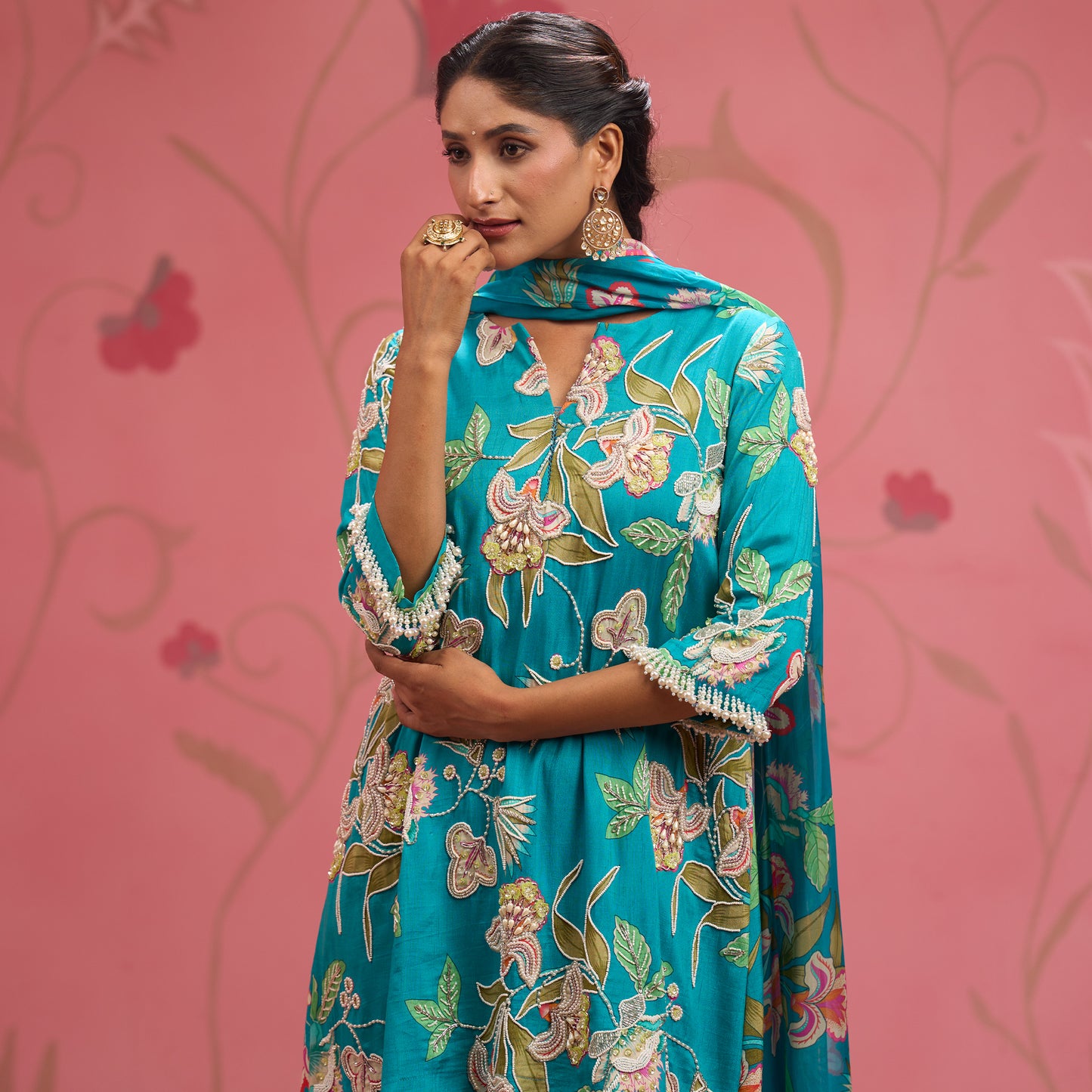 Bloom Story – Teal Garden Hand-Embroidered Kurta Set