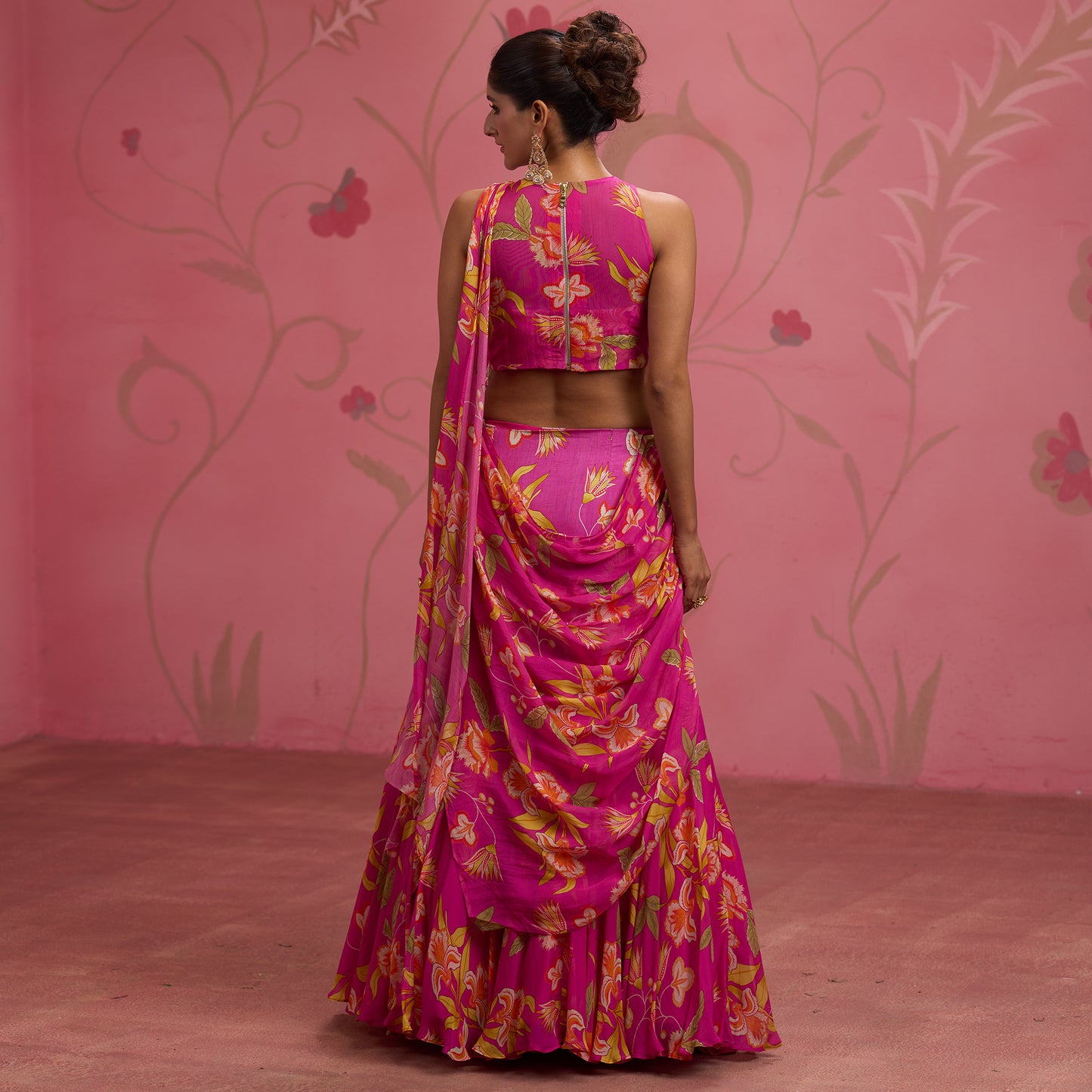 Bloom Story – Rose Pink Garden Handcrafted Draped Lehenga Set