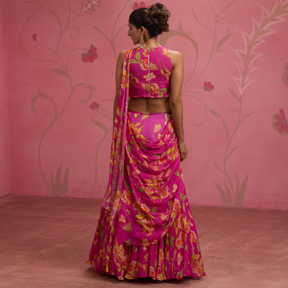 Bloom Story – Rose Pink Garden Handcrafted Draped Lehenga Set