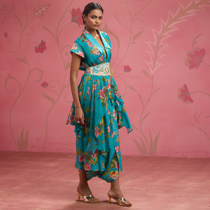 Bloom Story – Teal Floral Indo-Western Layered Dress with Embroidered Waist Belt