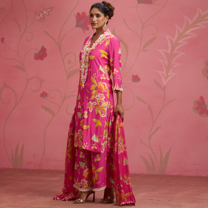 Bloom Story – Rose Pink Hand-Embroidered Fusion Kurta Set