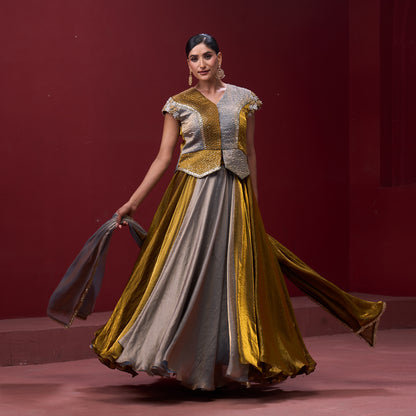 Drape Golden & Silver Skirt with Embellished Top and Dupatta