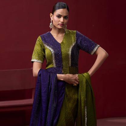 Drape Purple & Green Skirt with Embellished Top and Dupatta