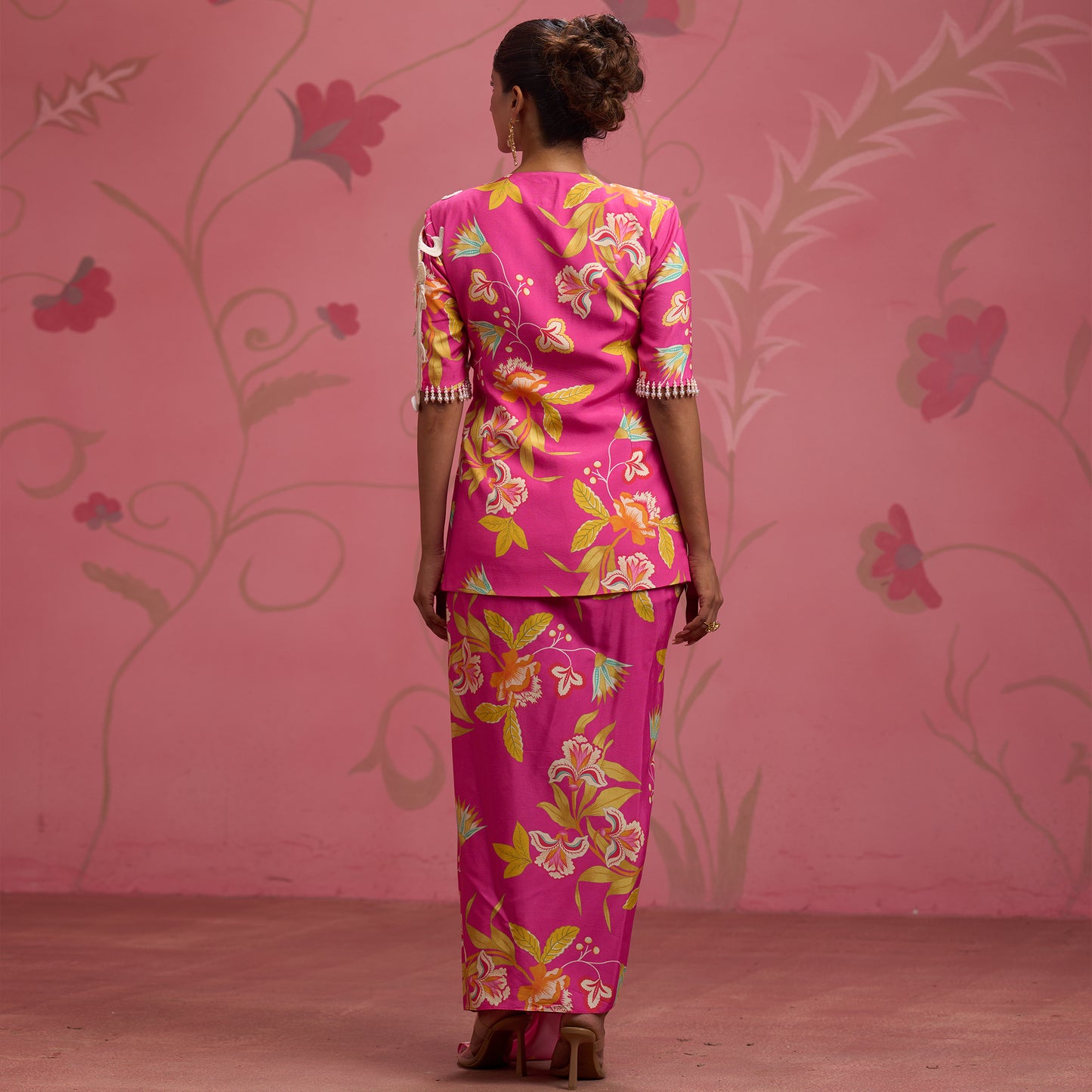 Bloom Story – Rose Pink Hand-Embroidered Draped Fusion Set