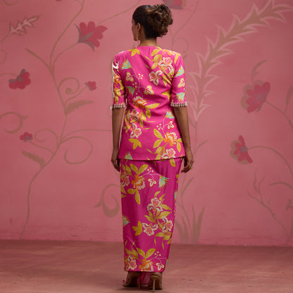 Bloom Story – Rose Pink Hand-Embroidered Draped Fusion Set