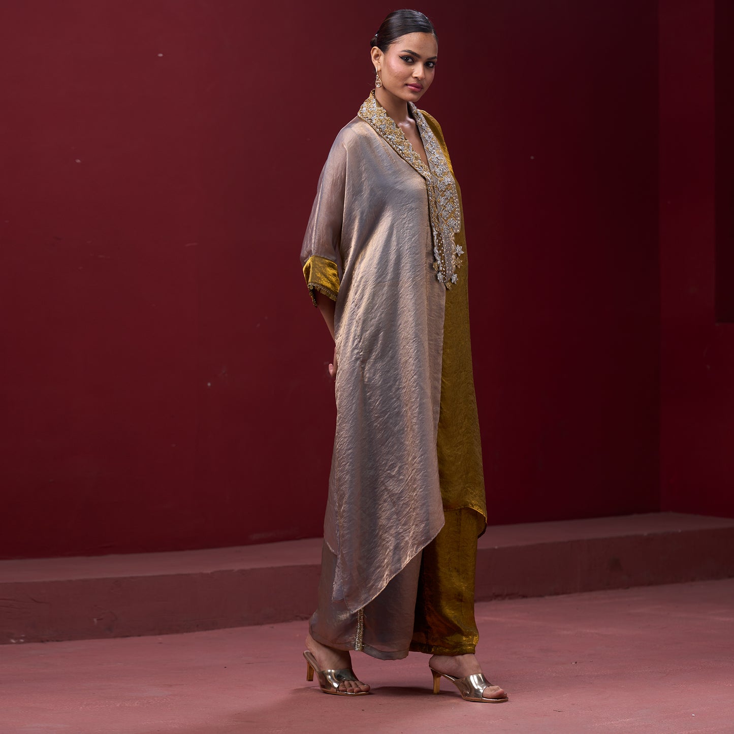 Embellished Golden & Silver Neck Kaftan Set