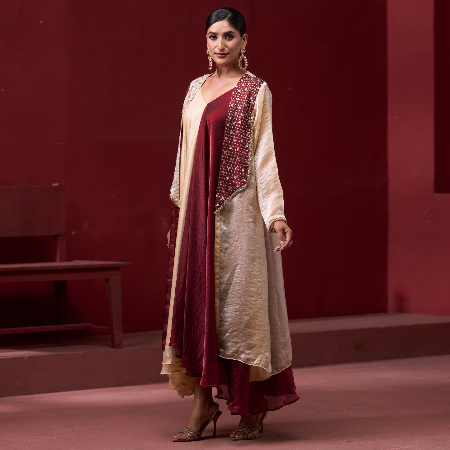 Flare Red & Cream dress with embellished jacket