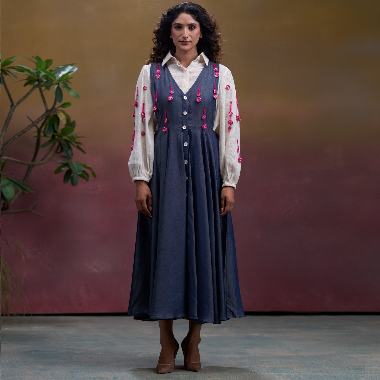 Indigo Blossom Denim Pinafore Dress