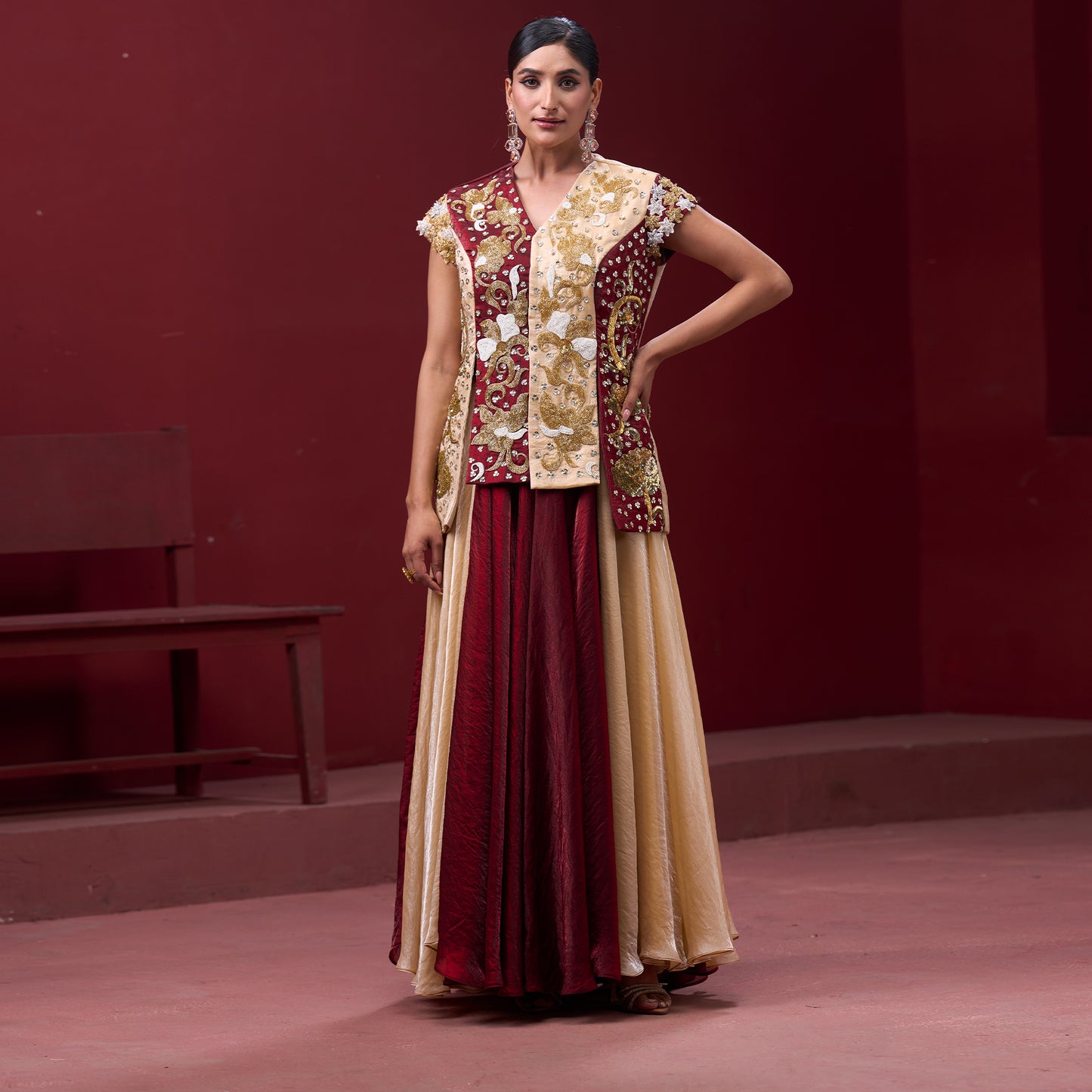 Flare Red & Cream Skirt with Embellished Top