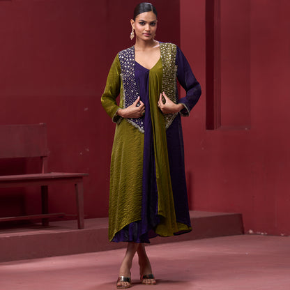Flare Purple & Green dress with embellished jacket