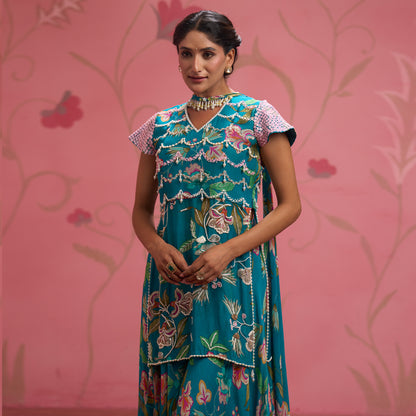 Bloom Story – Teal Garden Hand-Embroidered Layered Floral Dress