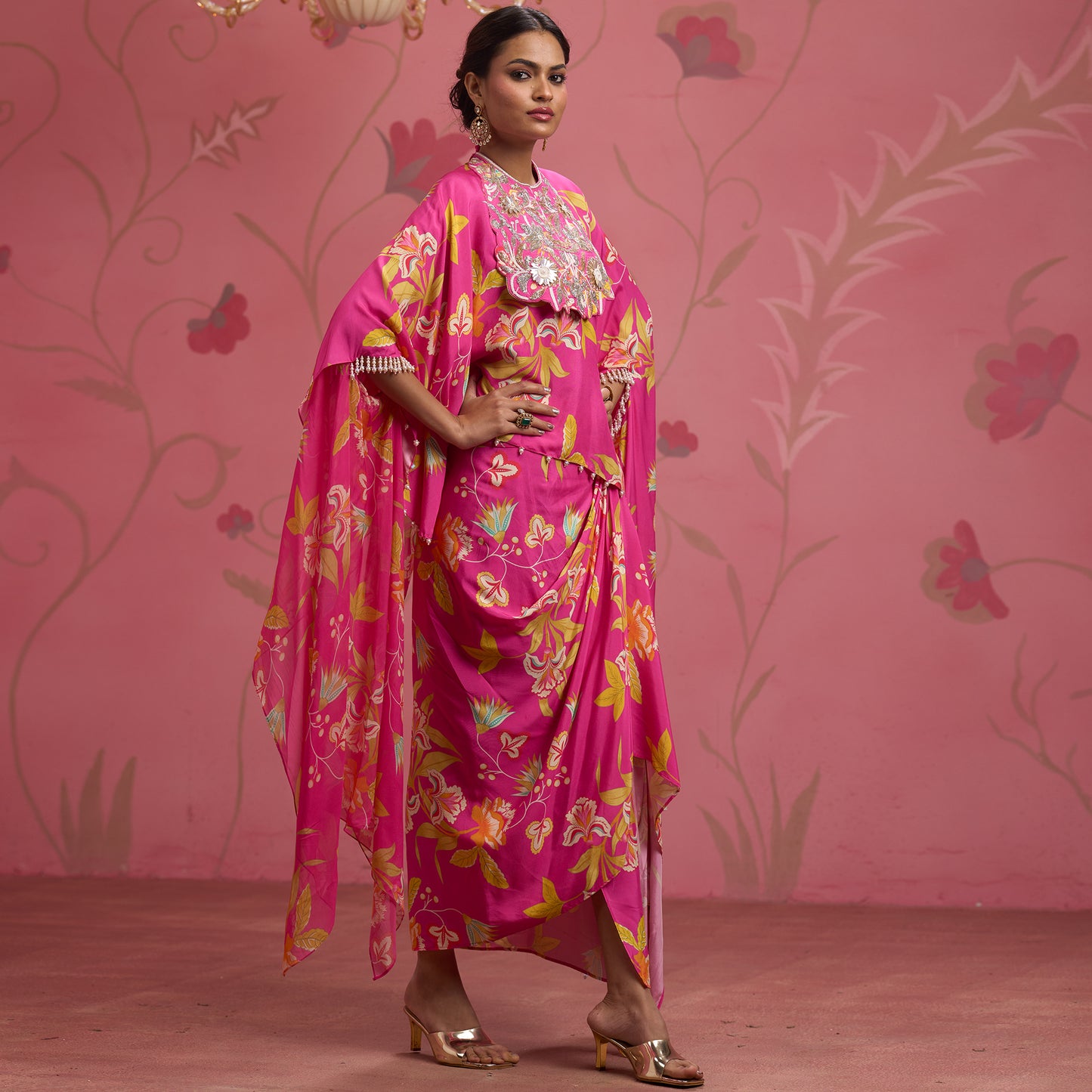 Bloom Story – Rose Pink Hand-Embroidered Cape Top Set