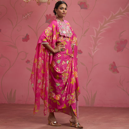 Bloom Story – Rose Pink Hand-Embroidered Cape Top Set