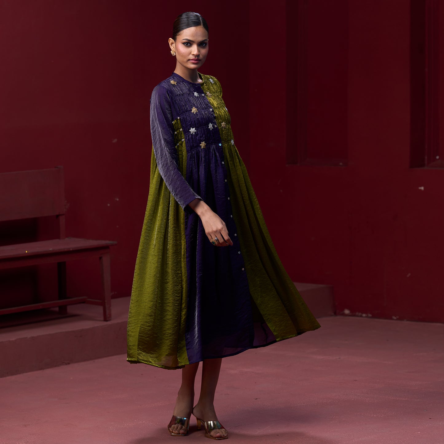 Flare embellished Blue & Green kurta Dress