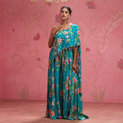 Bloom Story – Teal One-Shoulder Hand-Embroidered Cape Top Set