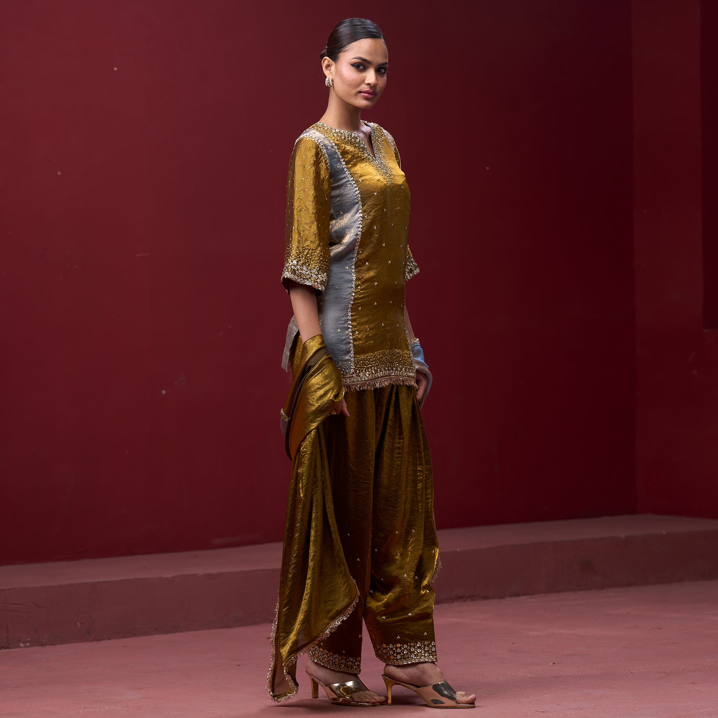 Farshi Golden & Silver Pant with Embellished kurta and Dupatta