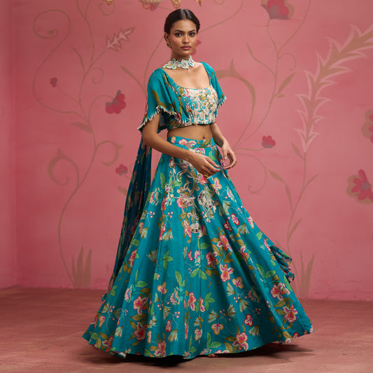 Bloom Story – Teal Blossom Hand-Embroidered Lehenga Set