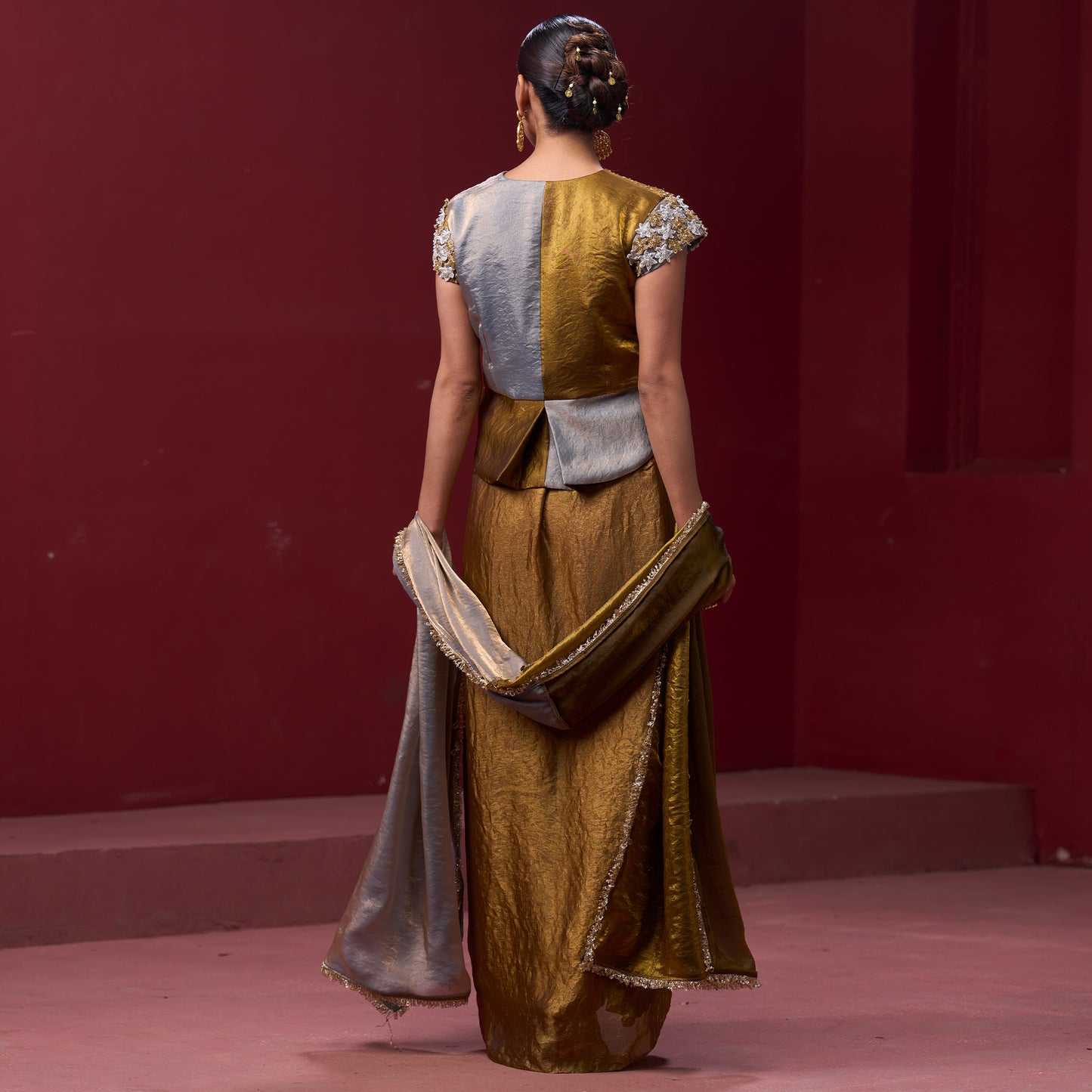 Embellished Golden & Silver Top with Flare Skirt