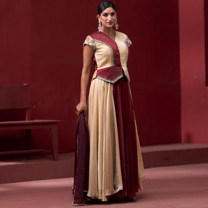Drape Red & Cream Skirt with Embellished Top and Dupatta